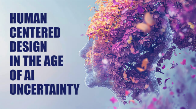 A surreal image of a woman’s face merging with a tree with autumn leaves.